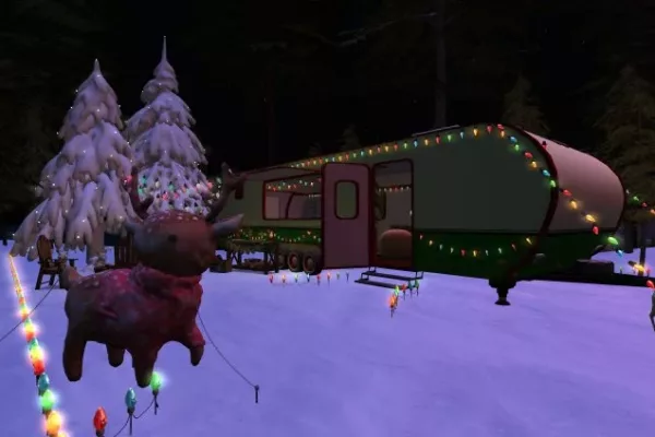 An RV decorated for Christmas at Second Life's Christmas Expo
