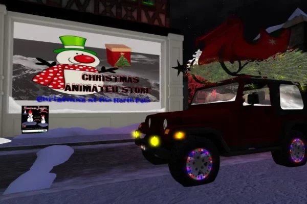 A Christmas Jeep being driven by Santa in the metaverse