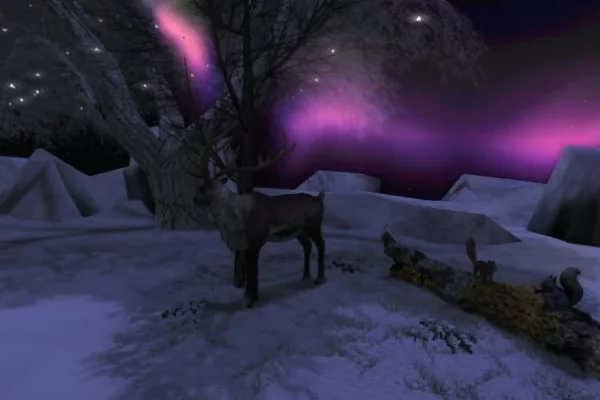 A few animals hanging out in the snow with the Northern Lights shining behind