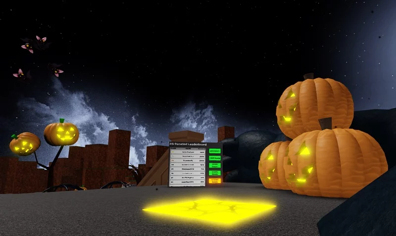 Roblox Halloween Tycoon entrance featuring pumpkins and bats