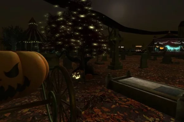 Riding the pumpkin carriage through the graveyard