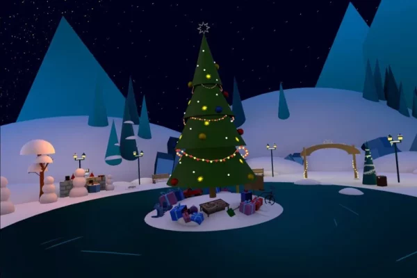 A Christmas Tree surrounded by snow-covered hills and mountains in the Christmas Wish experience in Horizon Worlds