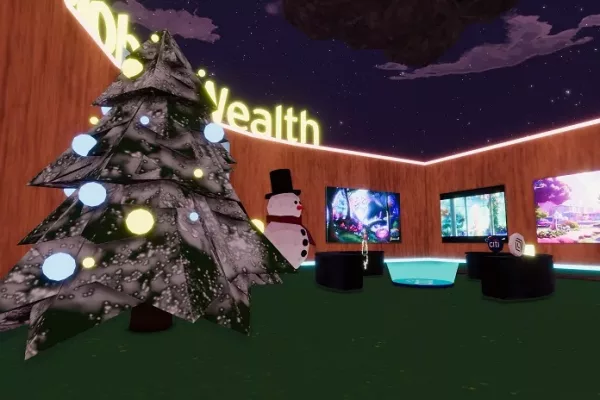 Christmas decorations and art in Citi's Decentraland center