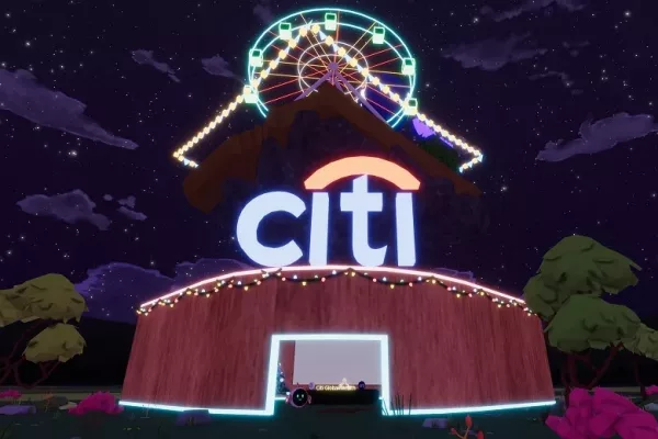 The front of Citi's Decentraland center with Christmas lights
