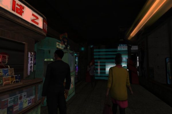 People shopping vendors in a dark dystopian alley in Second Life