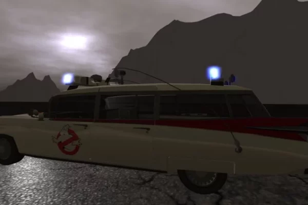 The Ecto 1 with mountains in the background