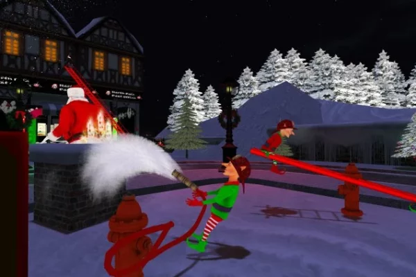 A fireman elf rescuing Santa from a chimney fire