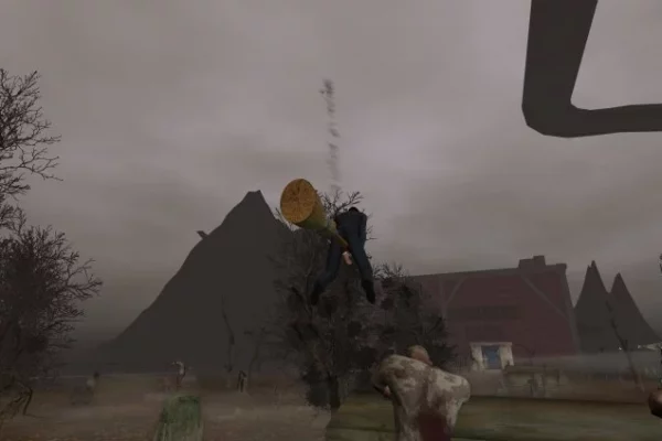 Flyring away from a zombie on a broom