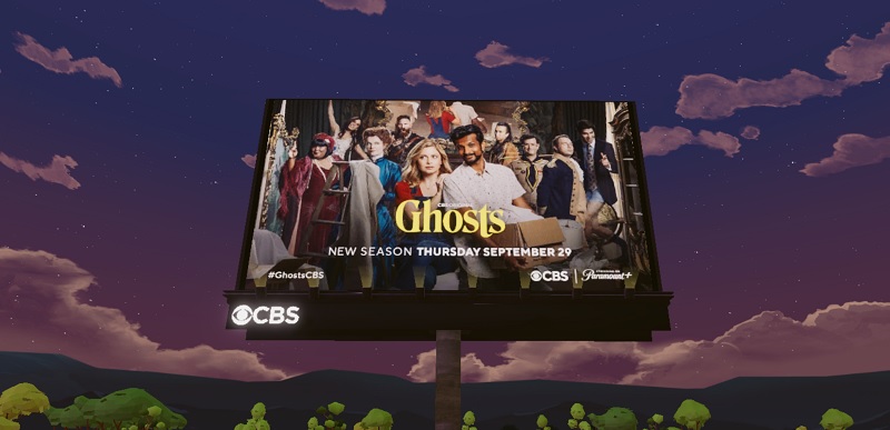 The CBS Metaverse Ghosts billboard in Decentraland