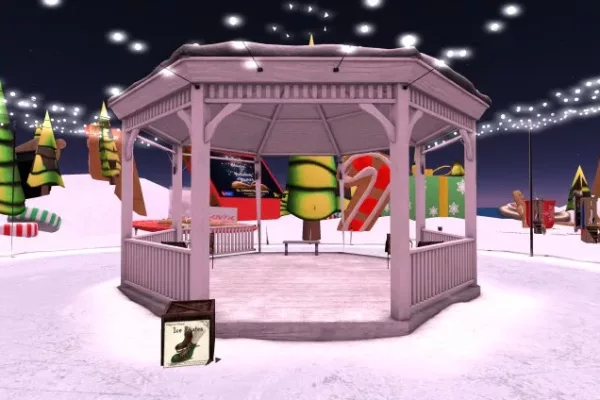 A metaverse gazebo in the Gingerbread Pirates area of the Second Life Christmas Expo