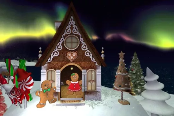 A gingerbread house on display at Lights for Hope during Second Life's Christmas Expo