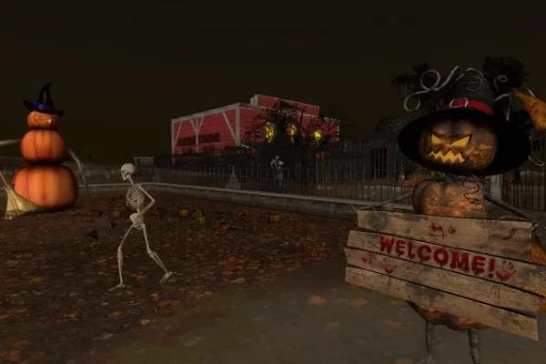 A pumpkin scarecrow welcoming visitors to Halloween Island Amusement Park