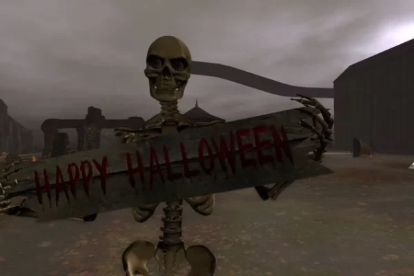 A ghost holding a Happy Halloween sign in the metaverse