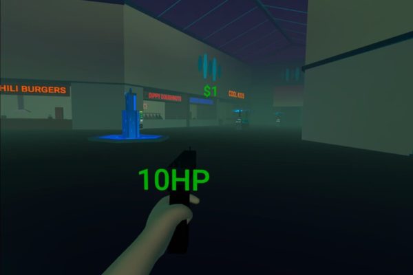 Aiming a virtual gun in a creepy metaverse mall