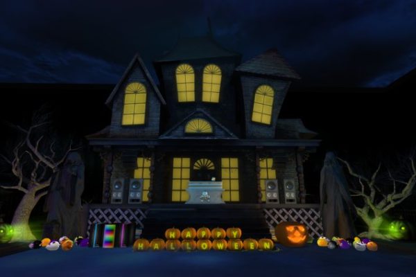 A haunted house in the Laurel's Nightmrae experience in Second Life featuring pumpkins that spell Happy Halloween
