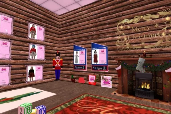 Metaverse children's clothing by Lil Monsters Inc. on display in a Christmas cabin