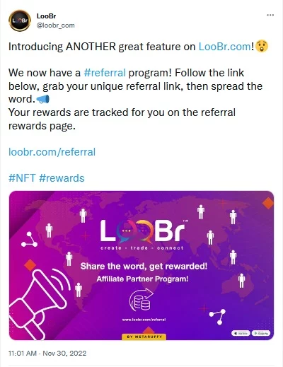 A Tweet announcing Loobr's new referral program