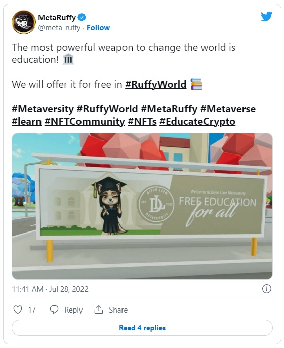 A Tweet teasing Meta Ruffy's new Diyor Liam Metaversity school