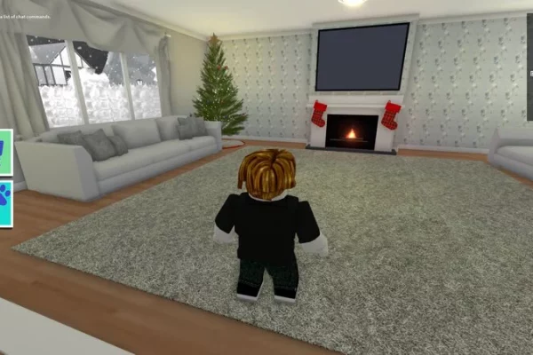 Standing in a metaverse living room decorated for Christmas