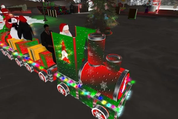 Santa driving a train in Second Life
