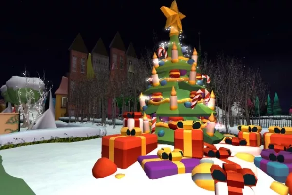 A metaverse Christmas tree at the Second Life Christmas Expo