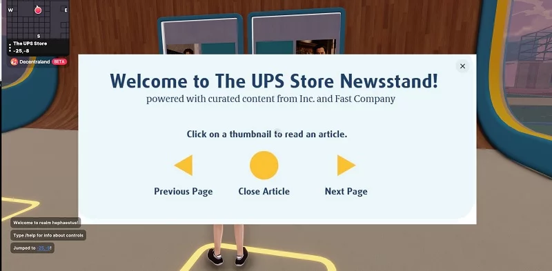 Metaverse UPS Store Newsstand welcome message
