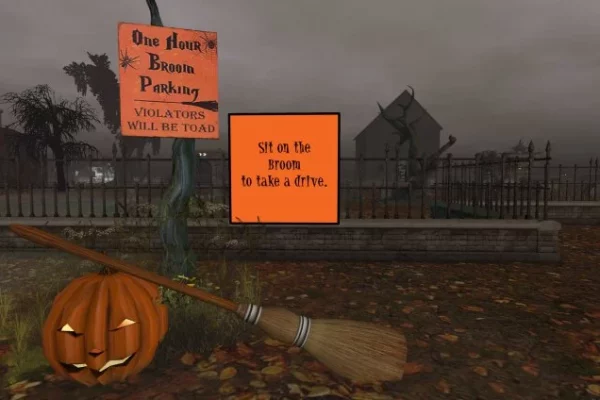 Signs for the metaverse broom ride in Halloween Island Amusement Park