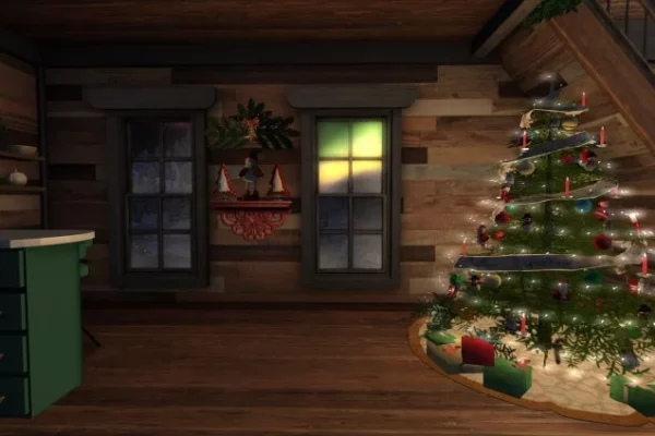 A metaverse Christmas cabin's Christmas tree