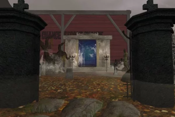 A metaverse crypt with a portal