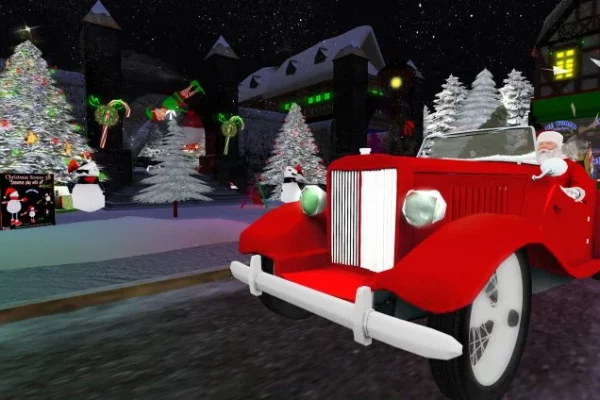 Santa driving his hot rod in the metaverse