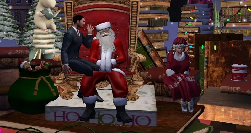 Sitting in Santa's lap in the metaverse at Second Life's Christmas Expo