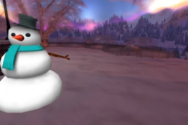 A metaverse snowman with snowy mountains and northern lights behind him
