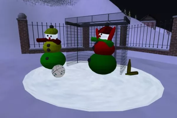 Metaverse snowmen playing soccer in the Second Life Christmas Expo