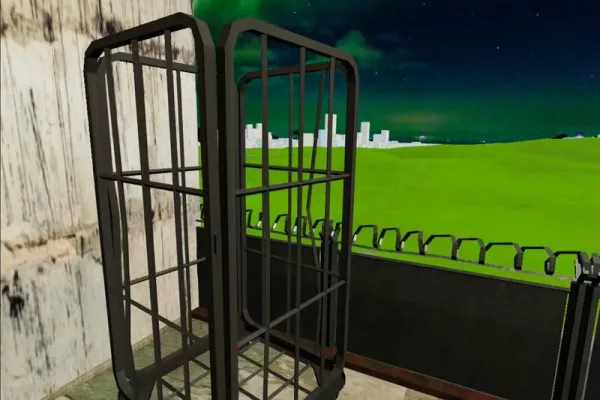 A cage on the fortified balcony of a Multiverse zombie apartment