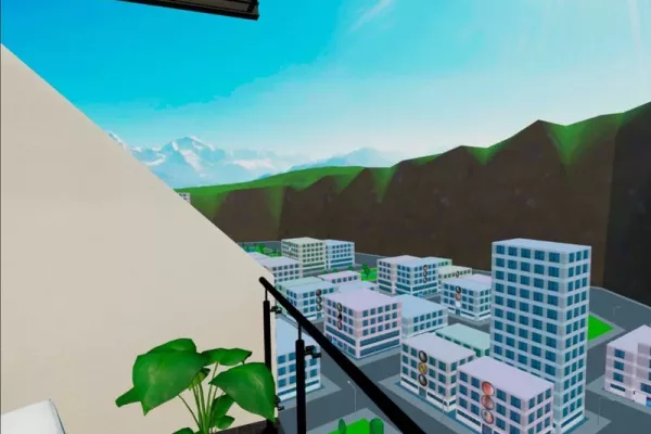 Looking at the canyon walls from a balcony in the Multiverse ICC district on the Oculus