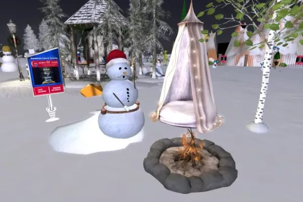 Snowman melting near a campfire