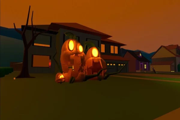 Virtual pumpkin decor in a metaverse lawn