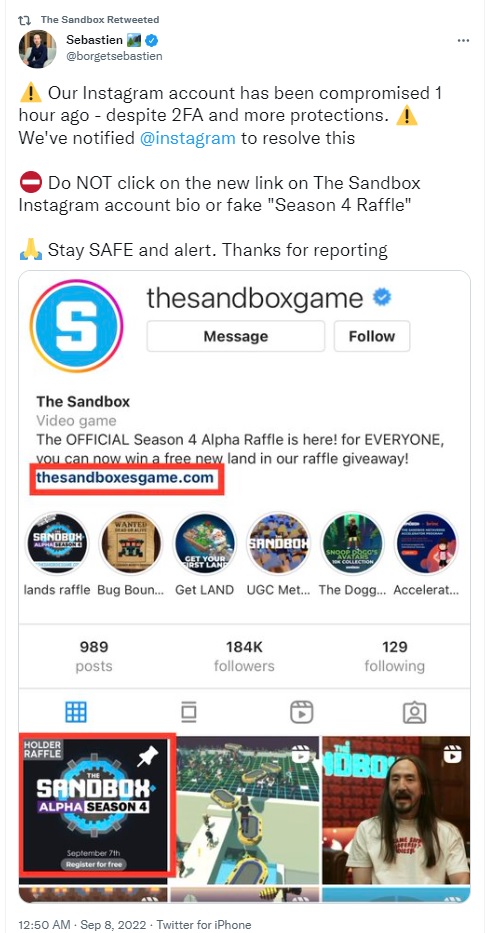 The Sandbox's tweet confirming that their Instagram account was hacked