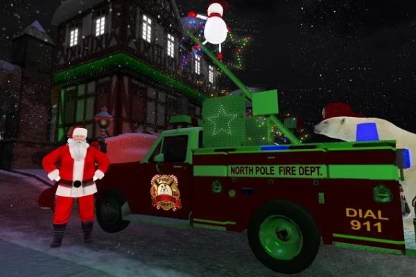 Santa leading a squad of polar bear and snowmen firefighters