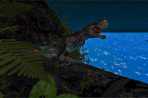 T-Rex roaring on a beach in Second Life