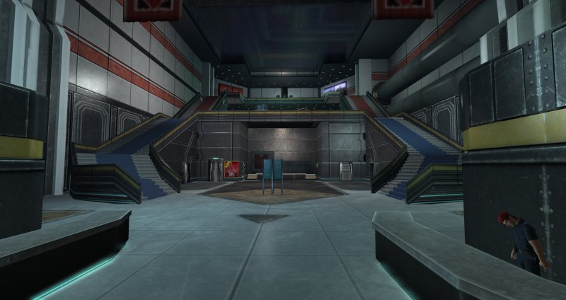 The lobby for the Second Life version of the Shinra headquarters