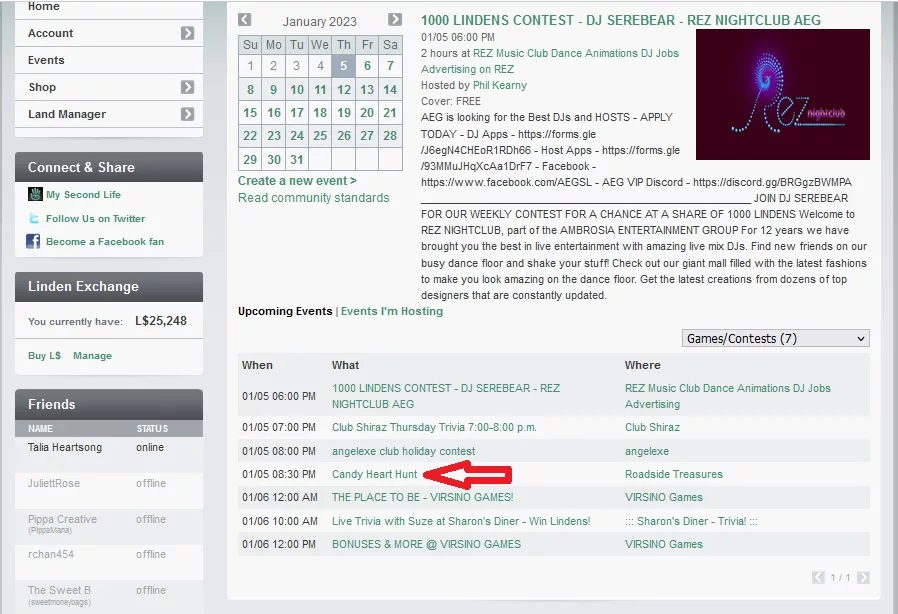 An SL hunt listing on the Second Life events listing web page.