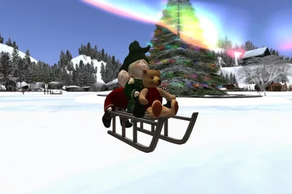 Christmas elves riding a sleigh in the metaverse