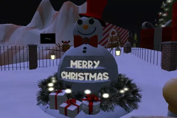 A metaverse snowman globe that says "Merry Christmas"
