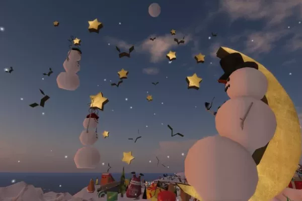 Snowmen hanging from the moon and stars in the metaverse