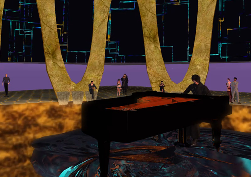A close up of Tia and his piano as he performs in the metaverse. 