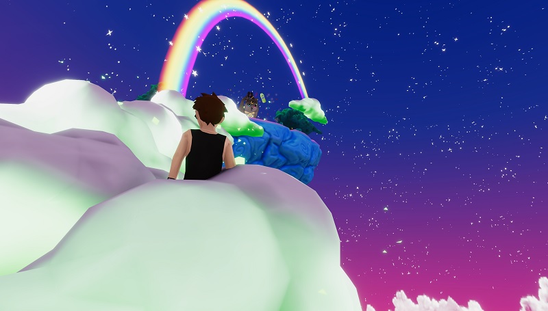 Looking up at the end point for Snapple's fantasy land. It features a cloudy staircase, the transcended cat, a rainbow, and a partially lit night sky.